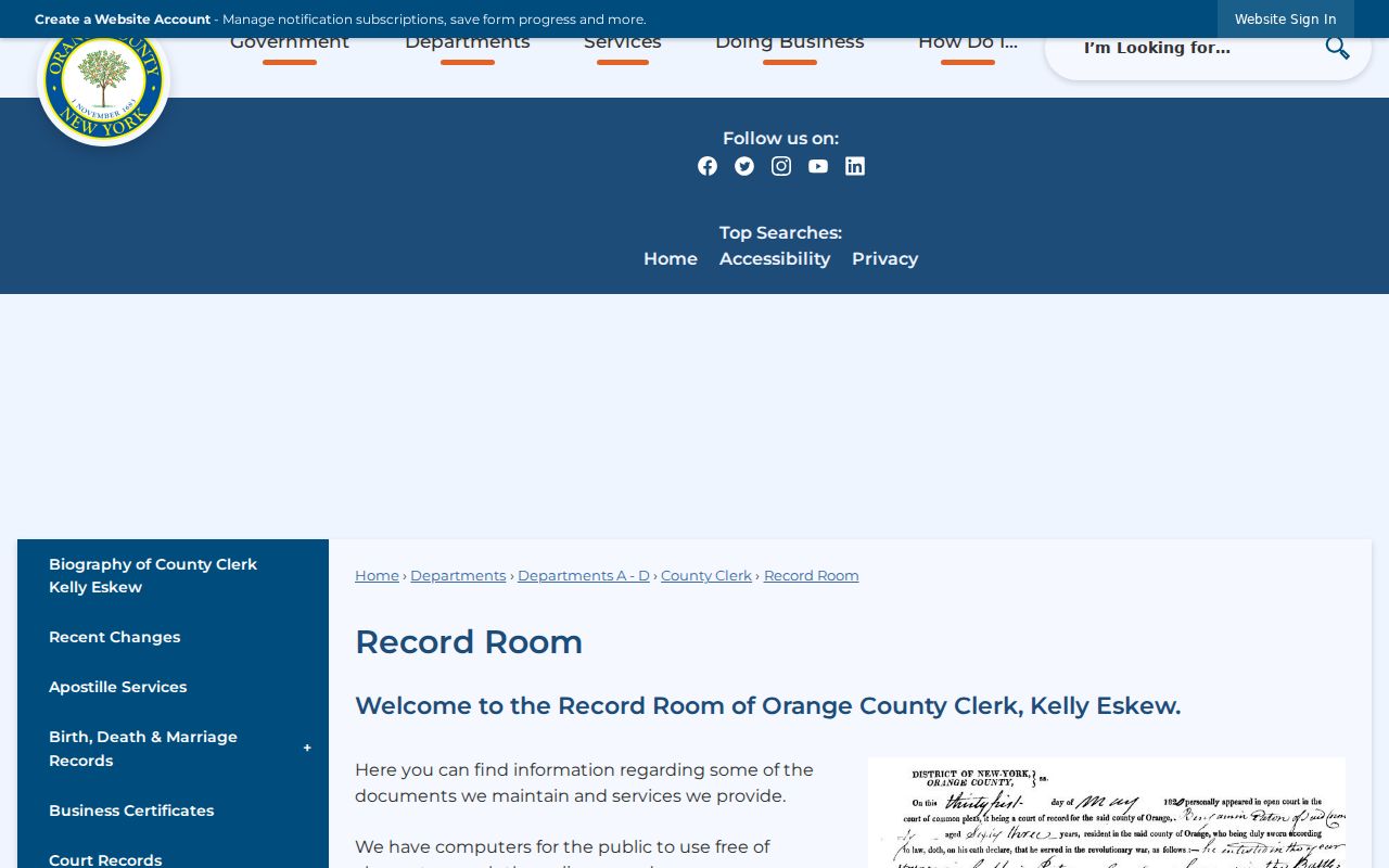Palm Tree residents directory Orange County Clerk Record Room public computer and records access information