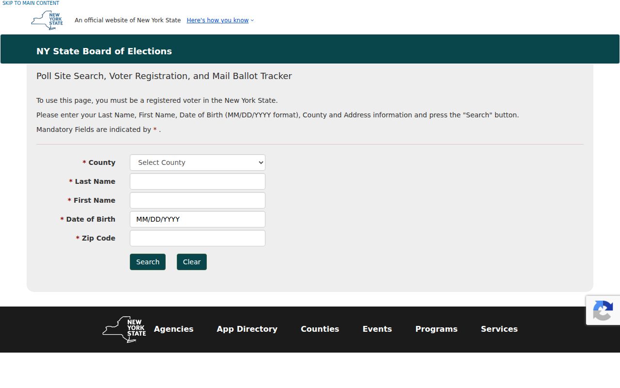 Palm Tree residents directory New York voter lookup fields for county, name, birth date, and ZIP