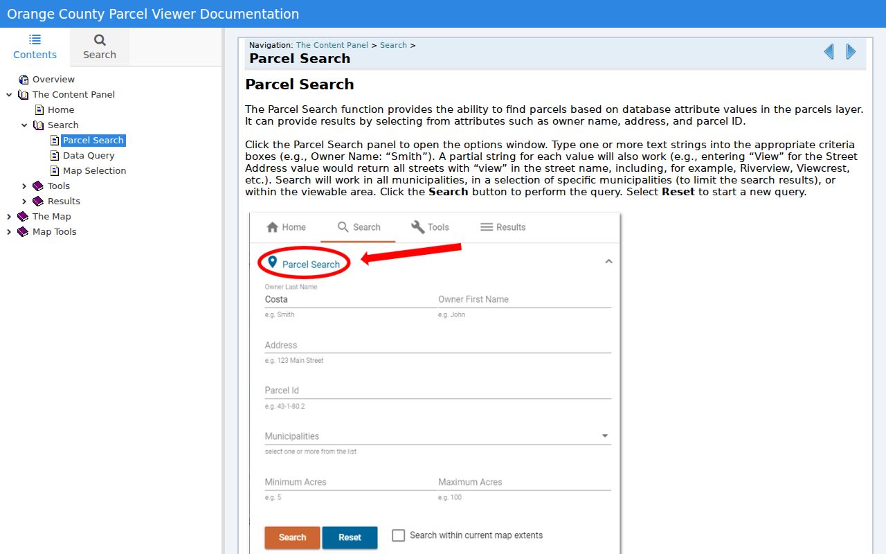 Palm Tree street directory tax search form with property address, owner name, tax map, and bill fields